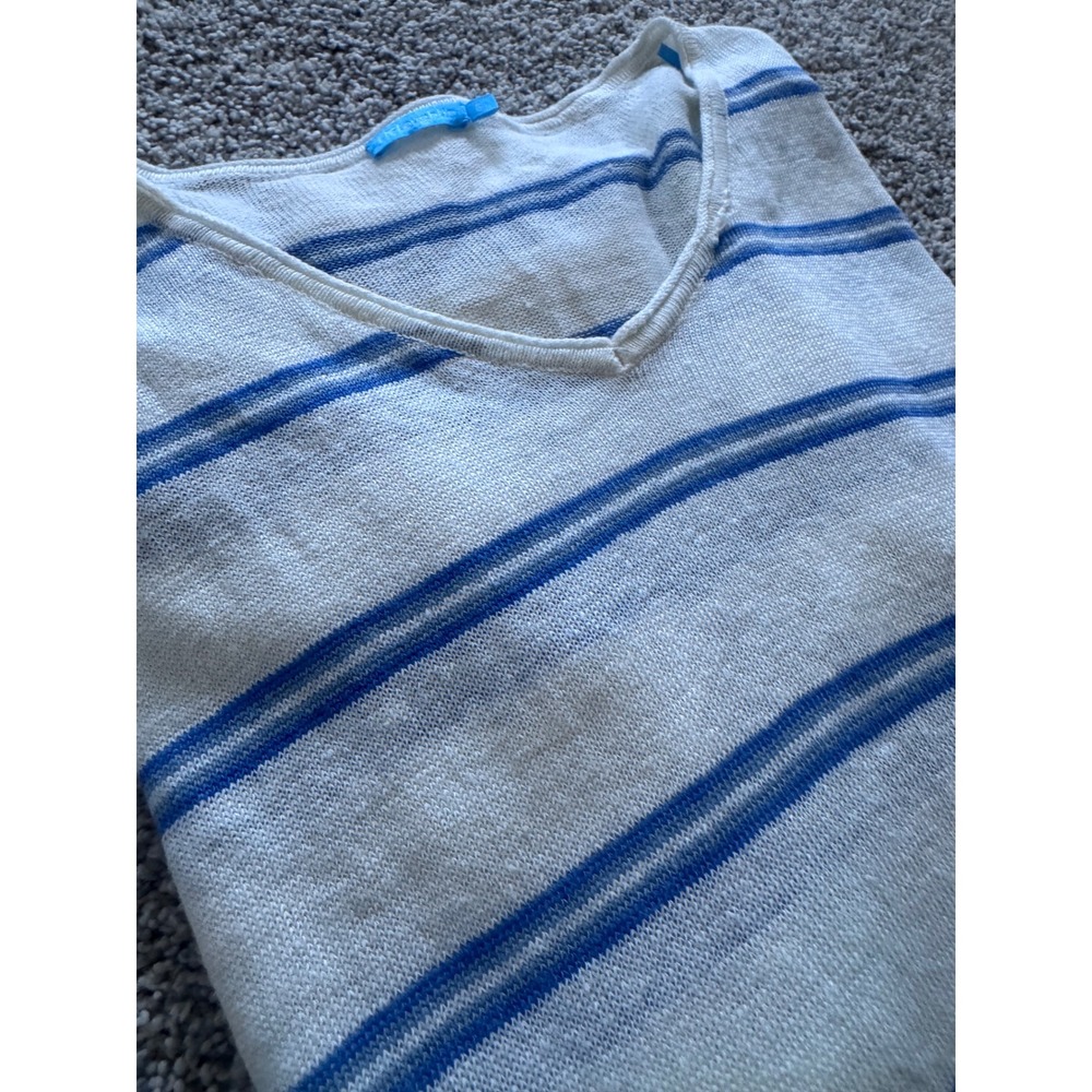 J. McLaughlin 100% Linen Striped V-Neck Sweater S Blue White Coastal